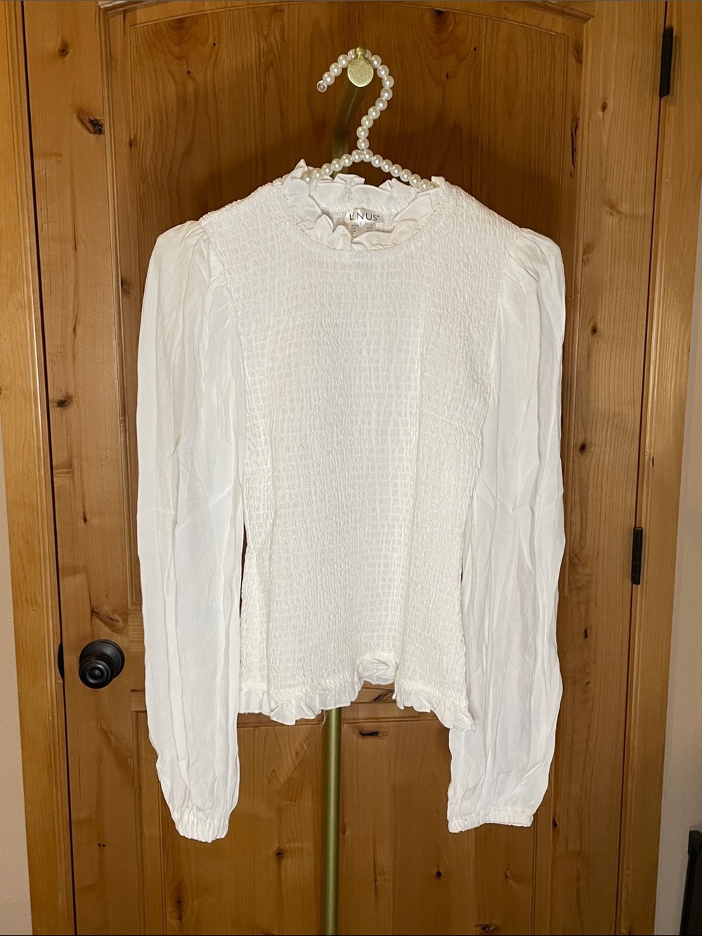 VENUS White Smocked Long-Sleeve Ruffle Neck Blouse Size XS